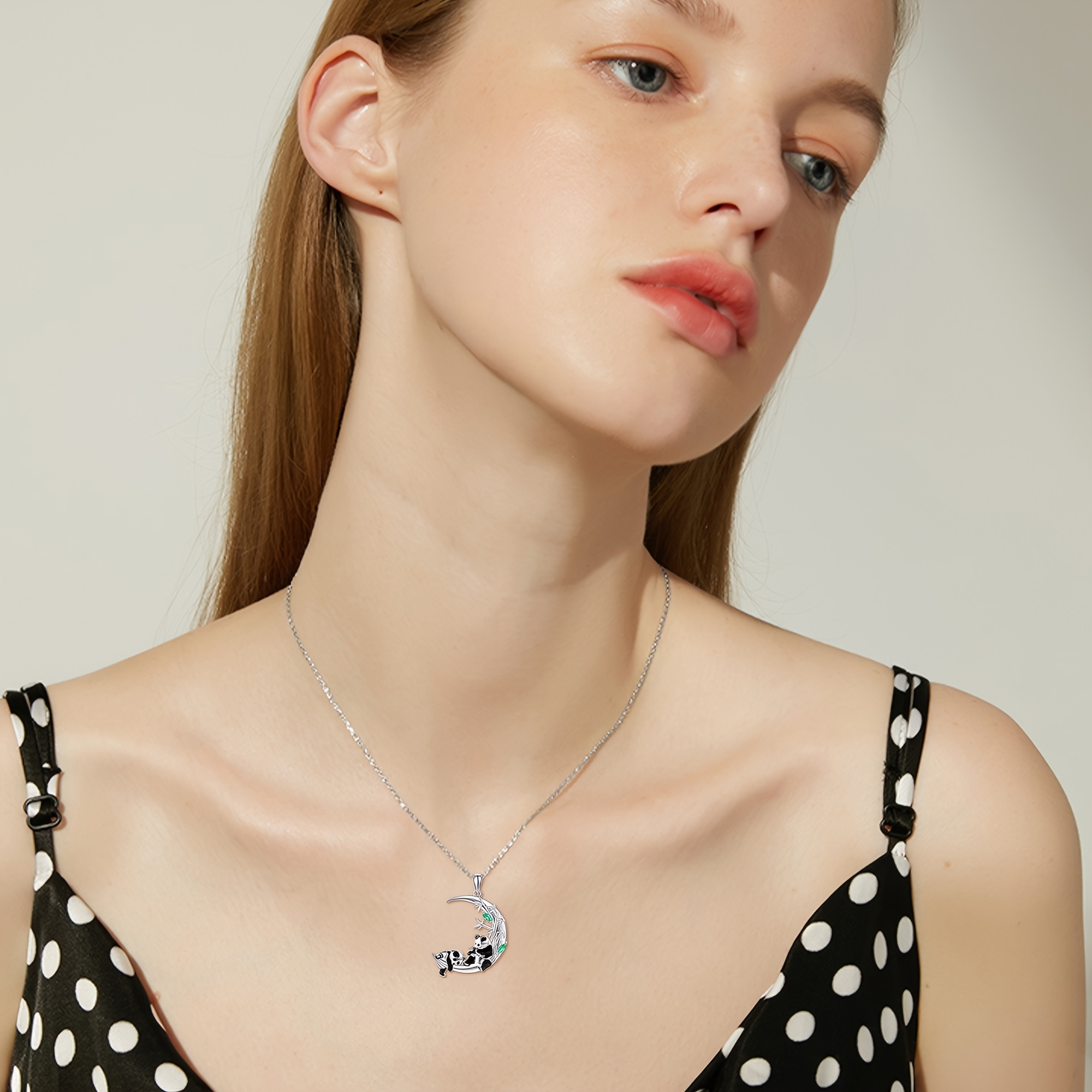 Women's 925 Sterling Silver Moon Panda Pendant Necklace